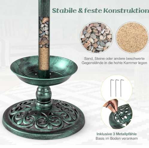 COSTWAY poidło dla ptaków z lampą solarną i karmnikiem retro 2w1