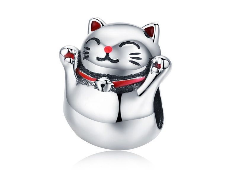 Srebrna Przywieszka Charm Japoński Kot Maneki Neko New129