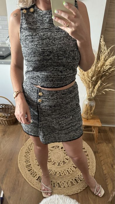 Komplet top spódnica z wyższym stanem szary ZARA S 36