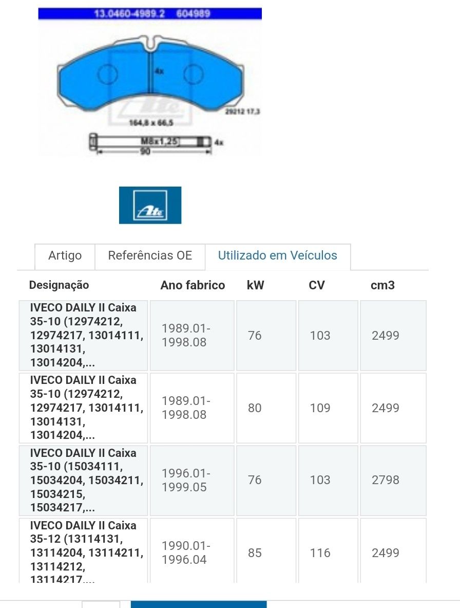 Jogo Pastilhas ATE para Iveco daily II (novas na caixa)