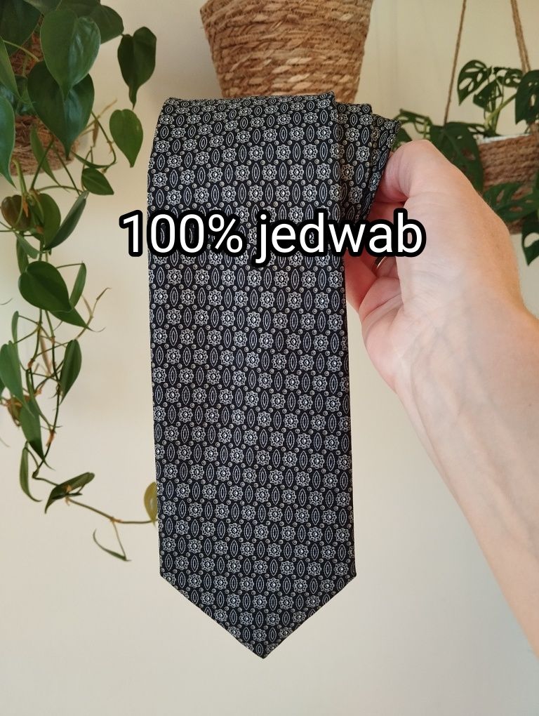 Męski jedwabny krawat 100% silk we wzorki, czarny, szary, 9,5 cm, Cand