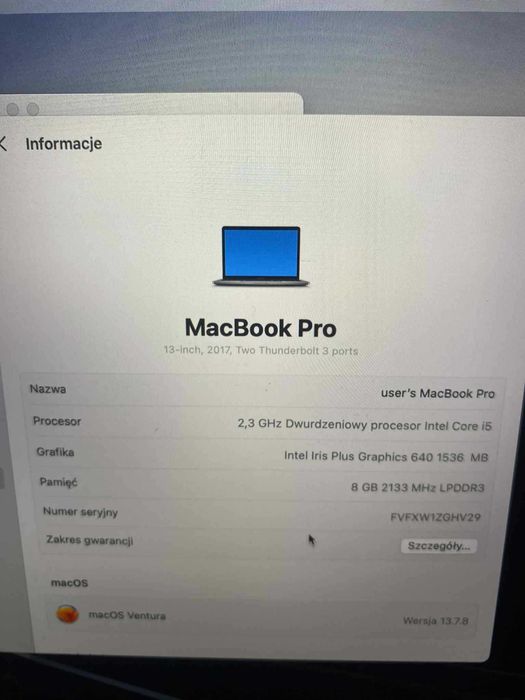 Sprzedam używanego laptopa MacBook Pro 13 2017