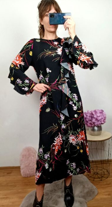 Nowa czarna w kwiaty z falbanami sukienka damska maxi długa XS  H&M 
S
