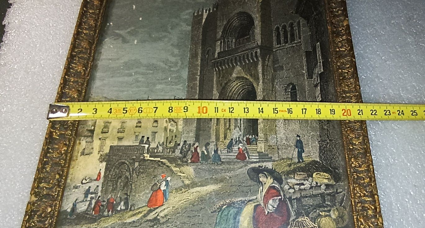 Antigo quadro com gravura Sé Velha, catedral de Coimbra