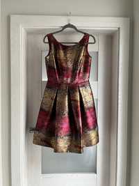 Sukienka Nicole Miller 34 36 XS S złota czerwona rozkloszowana