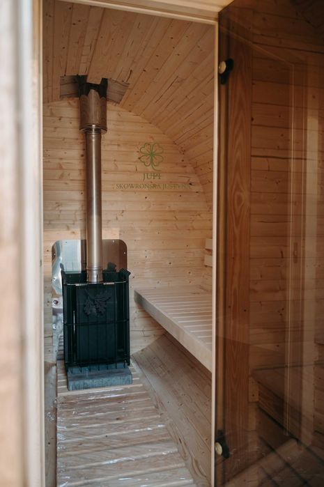 Sauna ogrodowa beczka 340cm z przedsionkiem piecem i oświetleniem LED