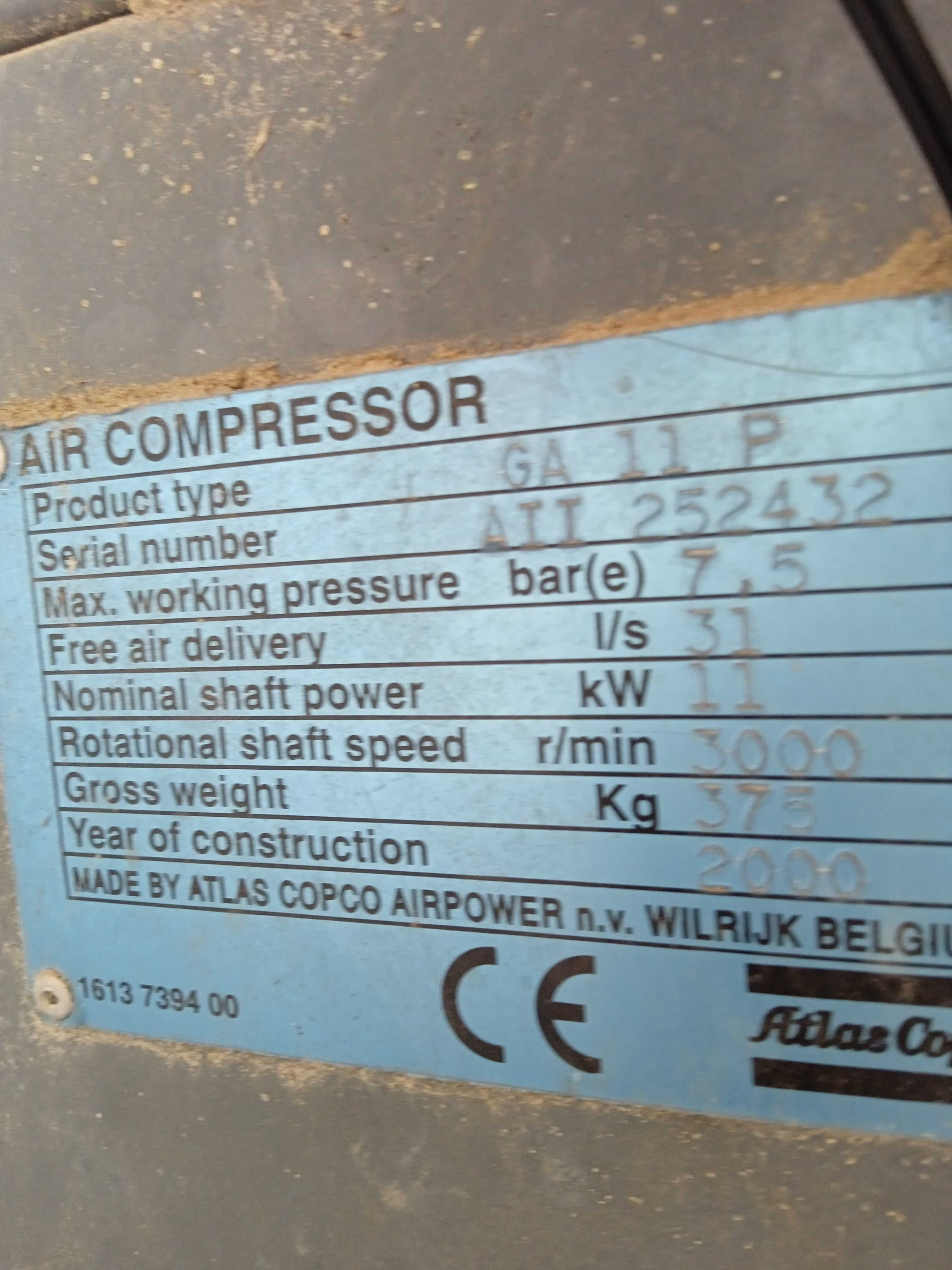 Compressor ATLAS GA11 + Secador FD30 + Reservatório 1100 litros