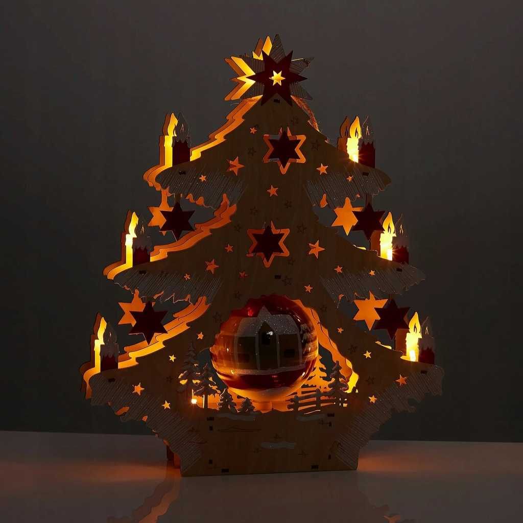 Dekoracja świąteczna drewniana CHOINKA LED TIMER bombka