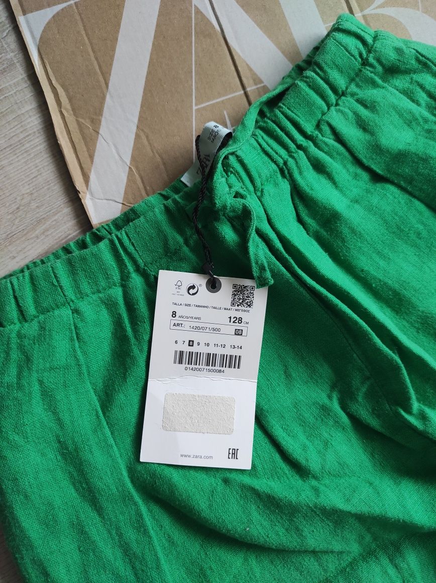 Zara штани брюки зелені яскраві широкі лляні льон 128 см 8 років нові