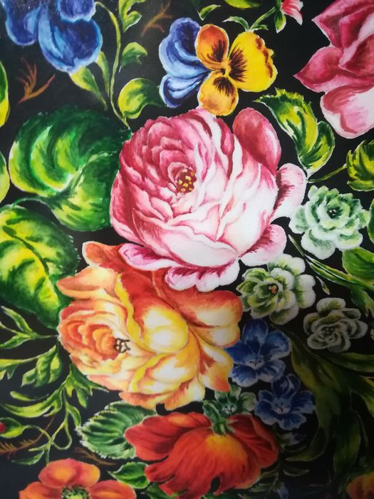 Картина "Цветы, букет " на черном фоне. Жостовская роспись.