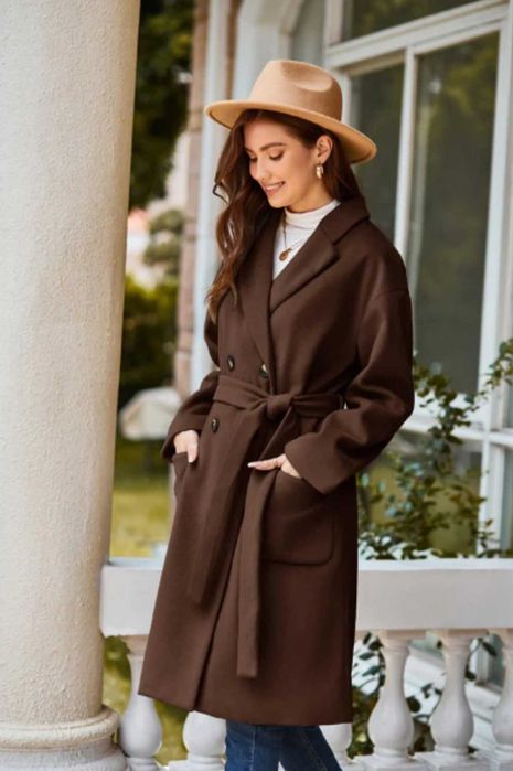 Damski płaszcz z klapami wełniany elegancki zimowy brązowy roz S