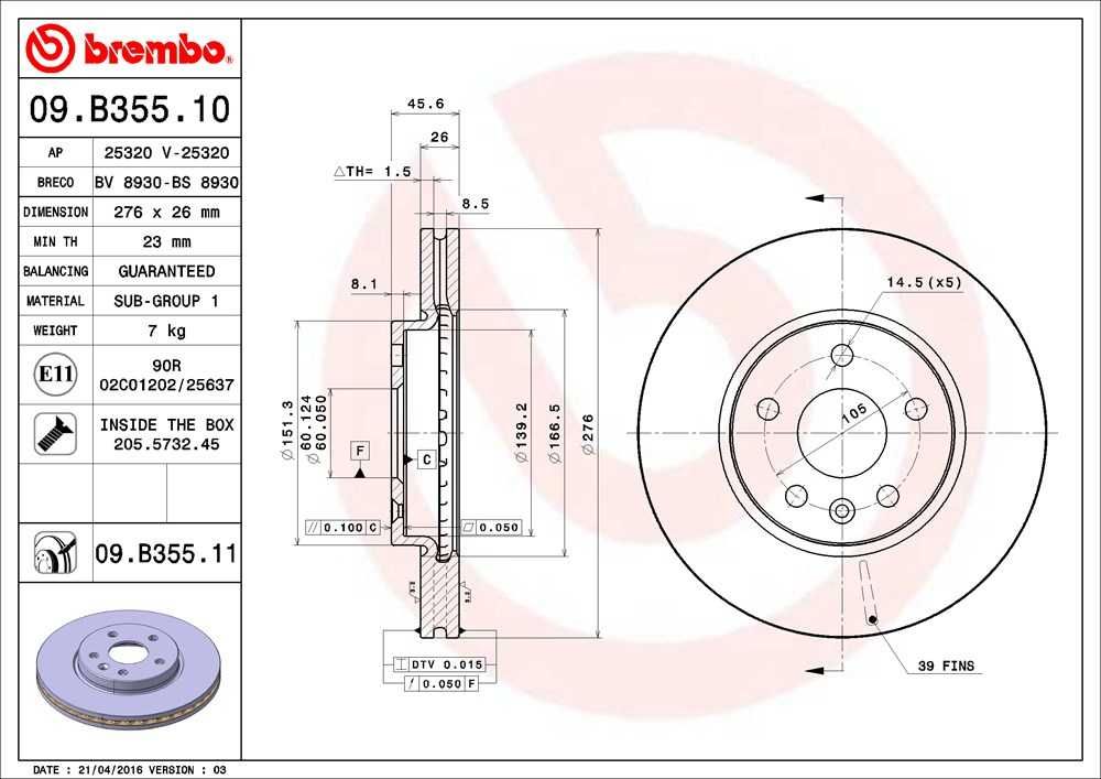 CHEVROLET OPEL передние тормозные диски Brembo 09.B355.10 + колодки
