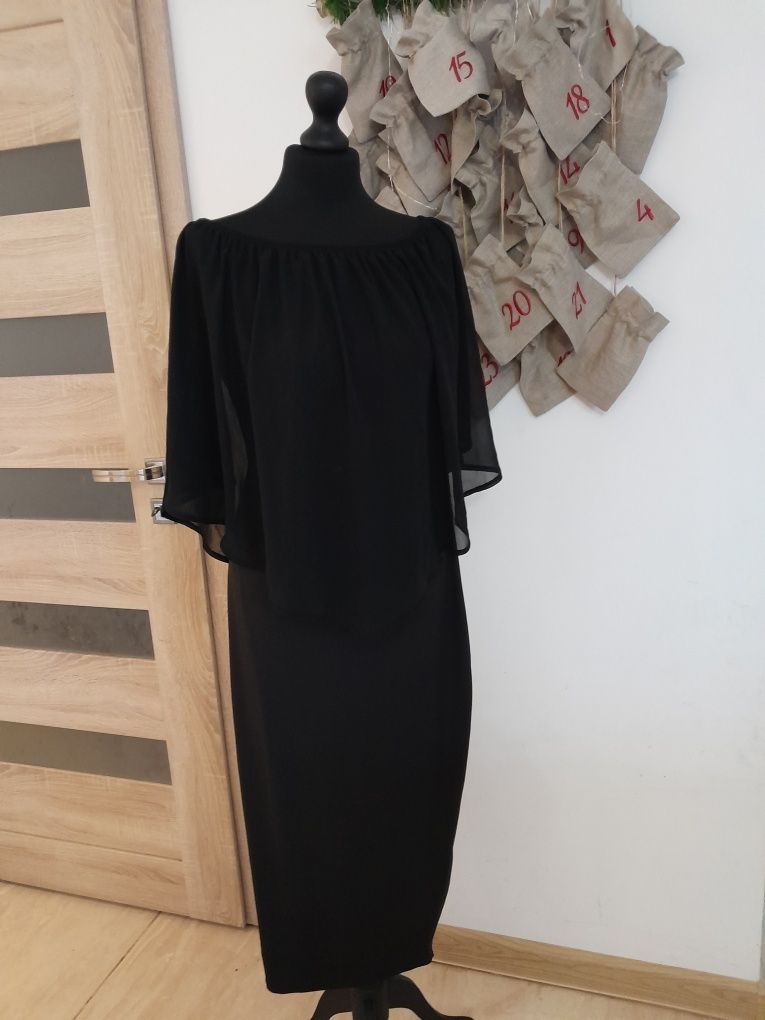 Czarna sukienka prosta narzutka tiulowa elegacka L Xl nowa 40 42