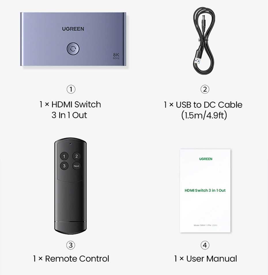 HDMI 2.1 Переключатель Коммутатор Switch 3-в-1 Ugreen 8k 60hz 4k 144hz
