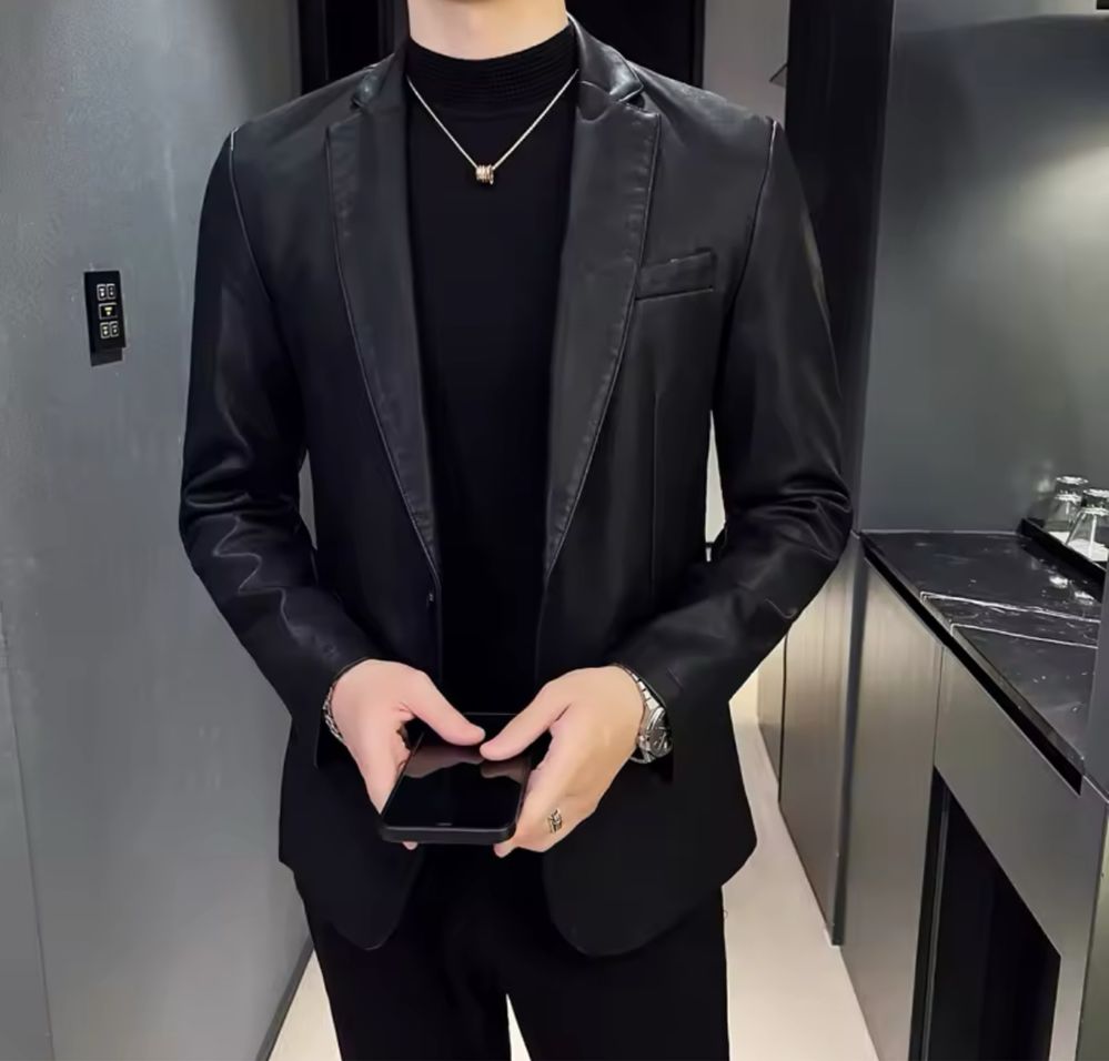 Męska marynarka skórzana modna czarna casual elegancka