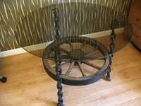 Ława kawowa szklana koło drewniane okrągła antyczna koło od wozu