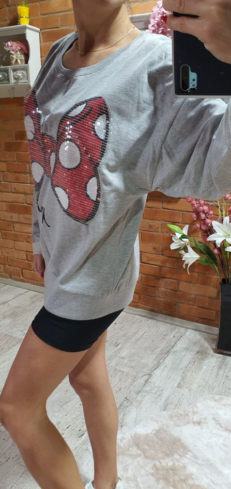 Disney bluza damska młodzieżowa Minnie Mouse szara cekiny XL premium