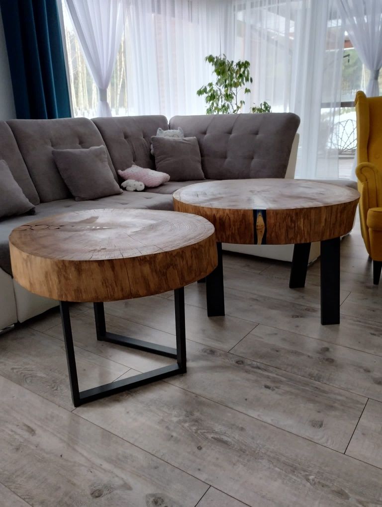 Piękny stolik kawowy w stylu loftowym plaster drewna dąb
