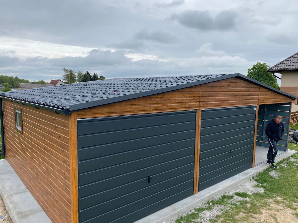 Garaż blaszany 6x5.8 plus wiata 3x5.8, drewnopodobny, profil zamknięty