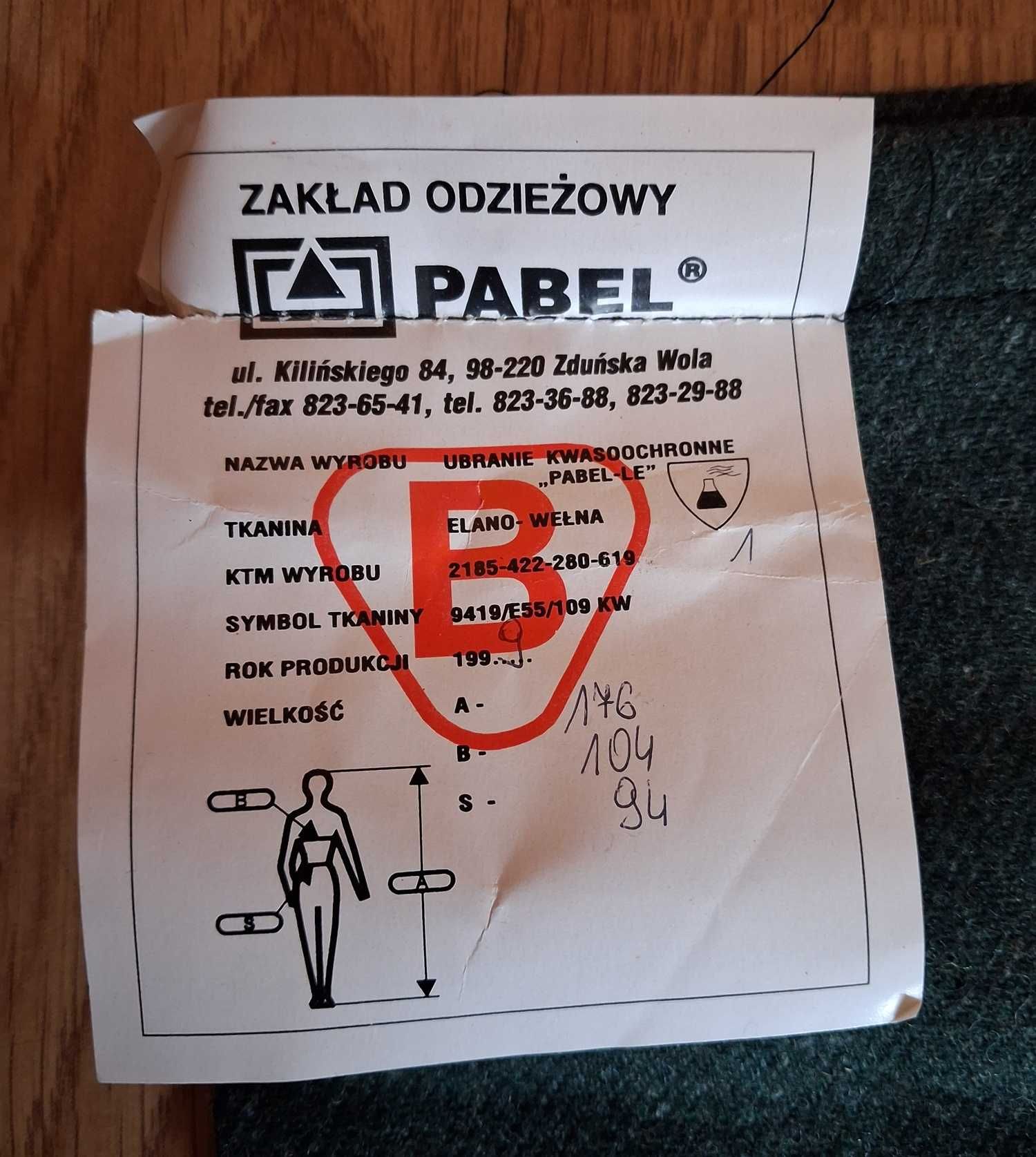 ubranie kwasoochronne PABEL elano-wełna 176 cm