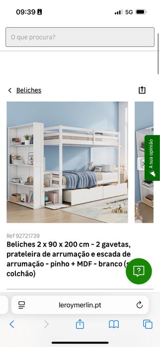 Beliche 90x200cm com escada de arrumação e prateleira incluída