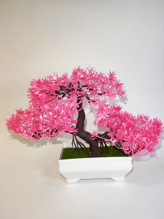 Bonsai Decorativo Rosa — Vaso Branco — 26cm