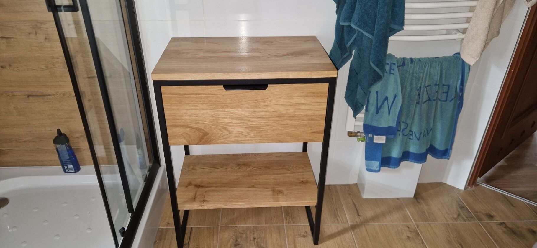 Dębowa szafka loft pod umywalkę nablatową, z szufladą, lite drewno