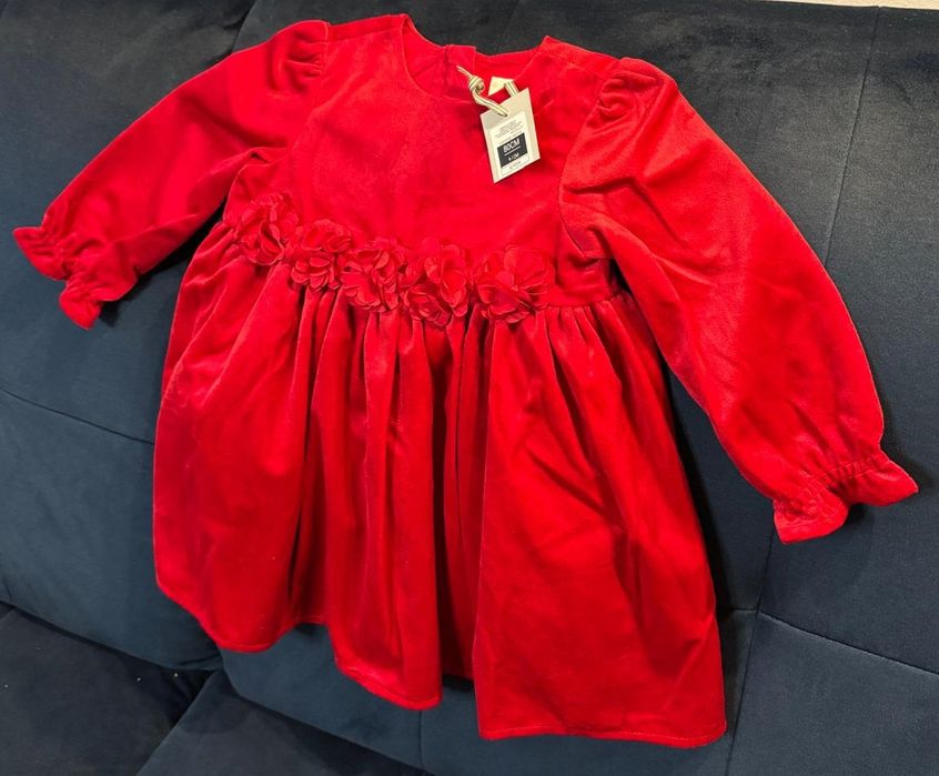 Sukienka czerwona dziewczęca z długim rękawem, welurowa, świąteczna 80