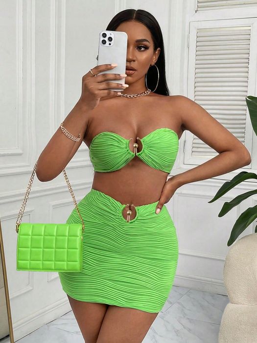 Komplet Sexy Teskturowany Top Crop + Spódniczka Ołówkowa S 36