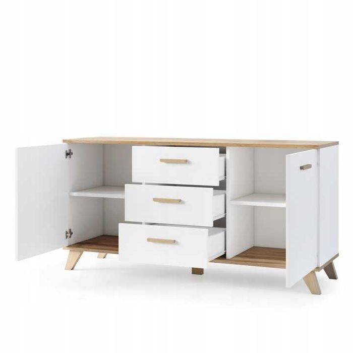 NOWA Biała Komoda RTV Pojemna Dębowa Szafka z Szufladami Do Salonu