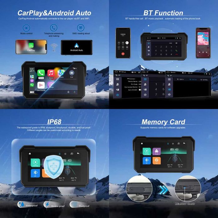 Monitor Carplay GPS 5" para Mota | Android Auto Sem Fios | IP68 NOVO