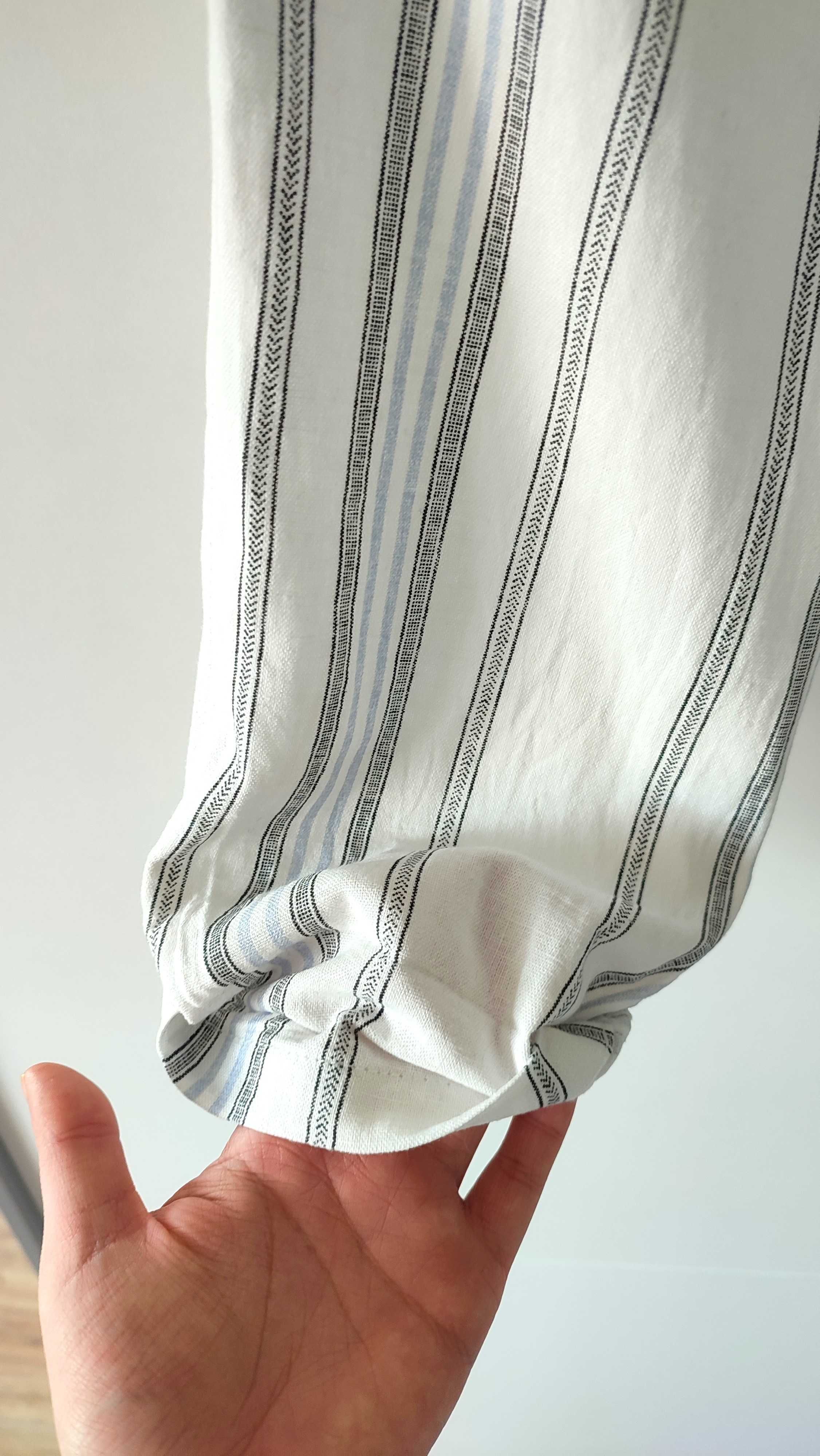 Spodnie materiałowe lniane lato białe paski basic proste cygaretki S