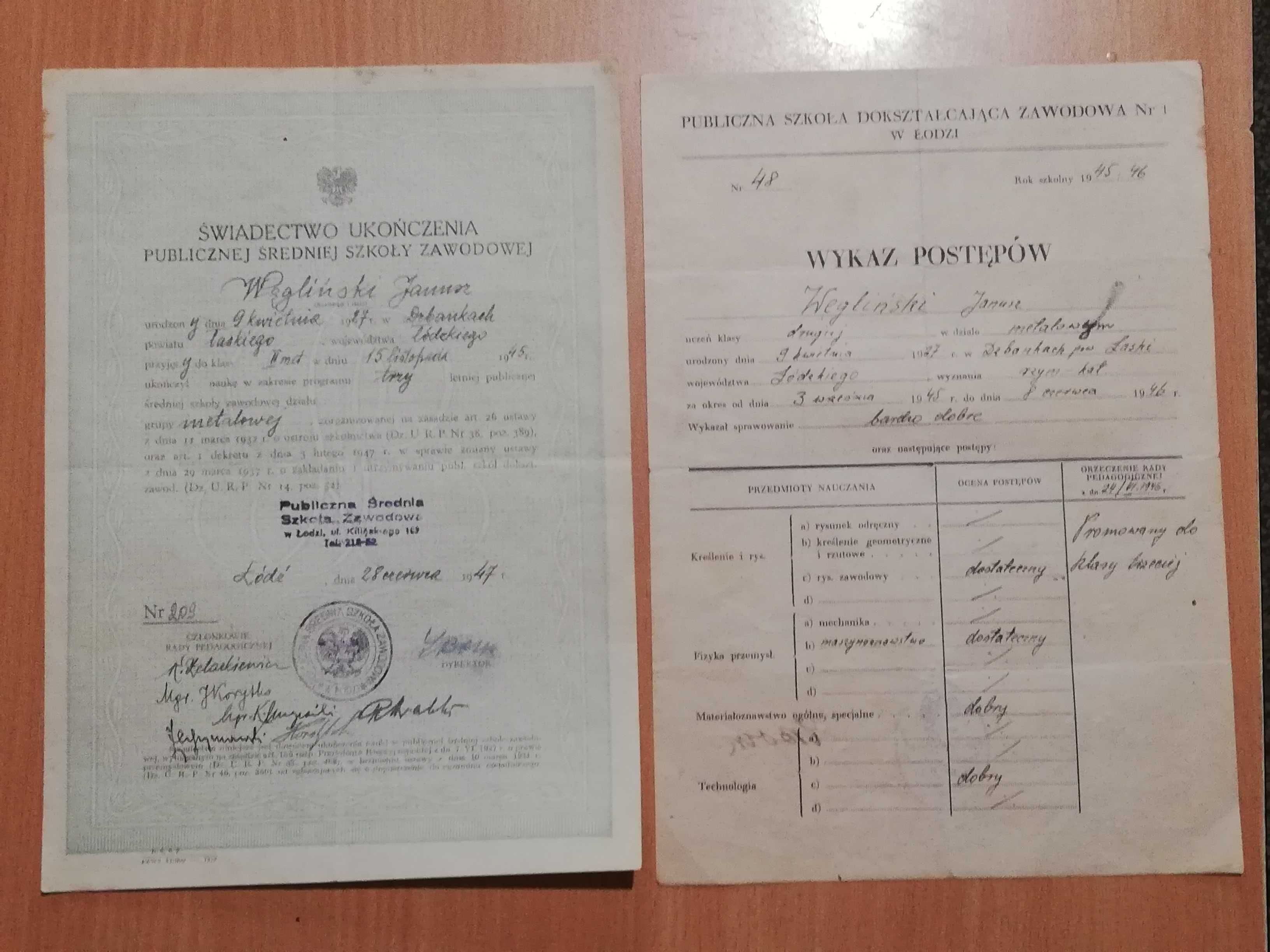 Stare pisma dokumenty świadectwa PRL 1946 rok    S