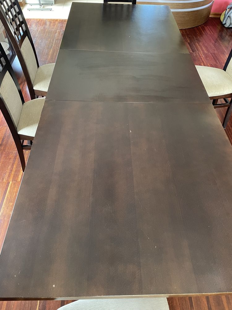 Rozkladany stół z 6 krzesłami tapicerowanymi kolor wenge do renowacji
