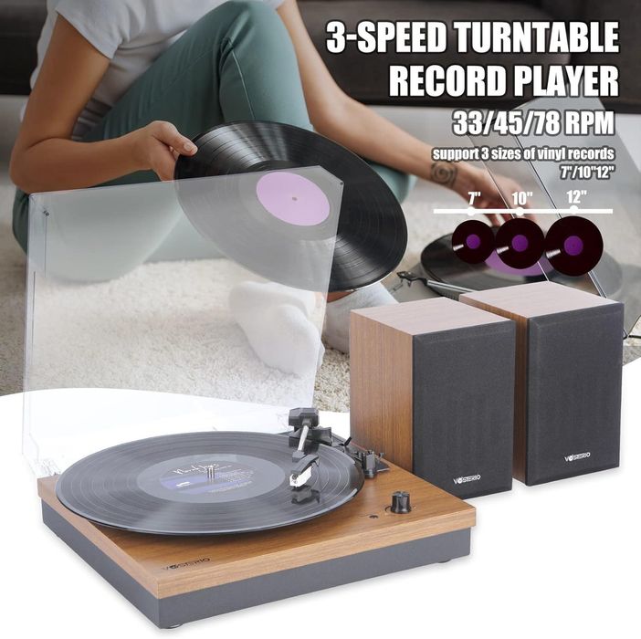 Gramofon z Bluetooth Retro z głośnikami stereo, Auto-Stop, Paskowy