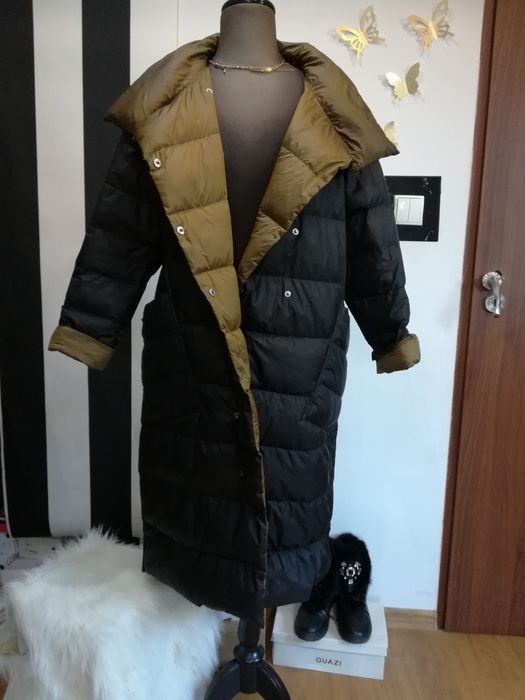 Kurtka dwustronna płaszczyk Pikowany czarno brązowy puchowy damski