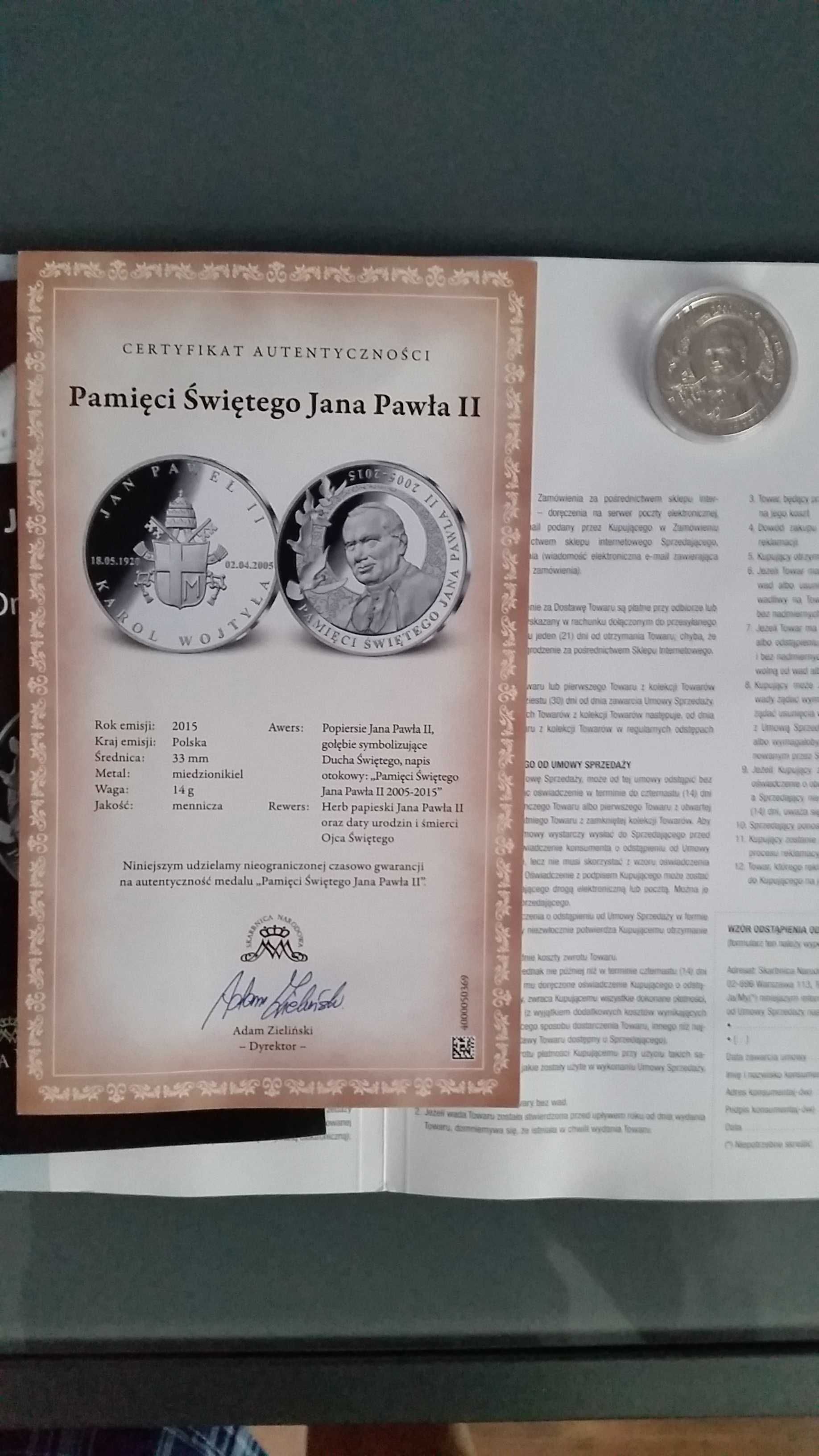 Medal okolicznościowy "Pamięci Świętego JP II"