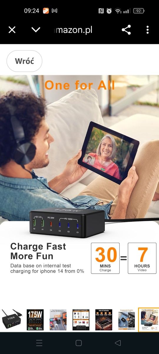 Ładowarka USB C 175 W GaN, Zasilacz 6 Portów