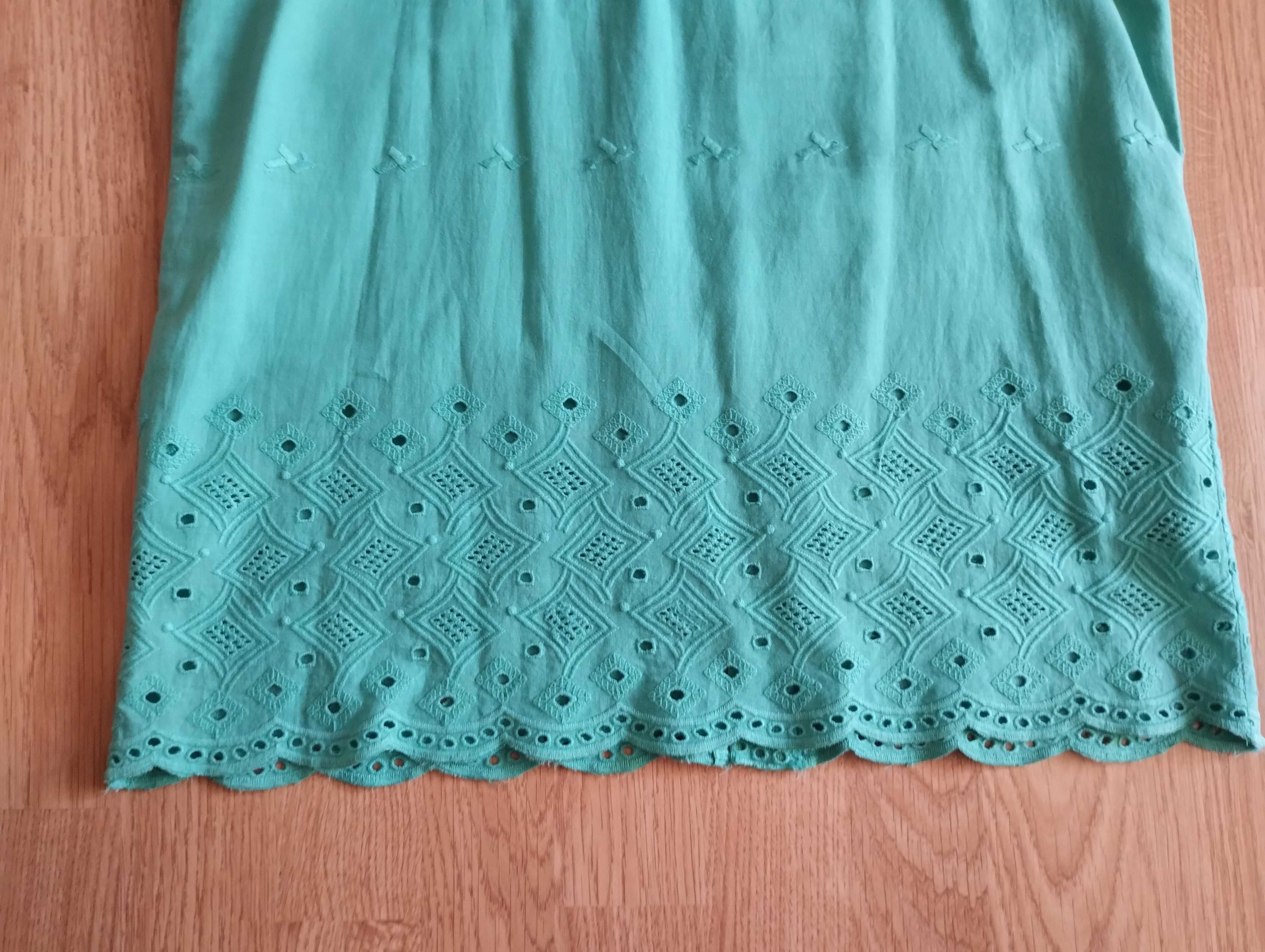 Sukienka letnia bez rękawów płótno,haft,zielona morska 38 lub M,nowa
