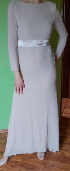 Suknia długa z rękawem, beżowa r.40