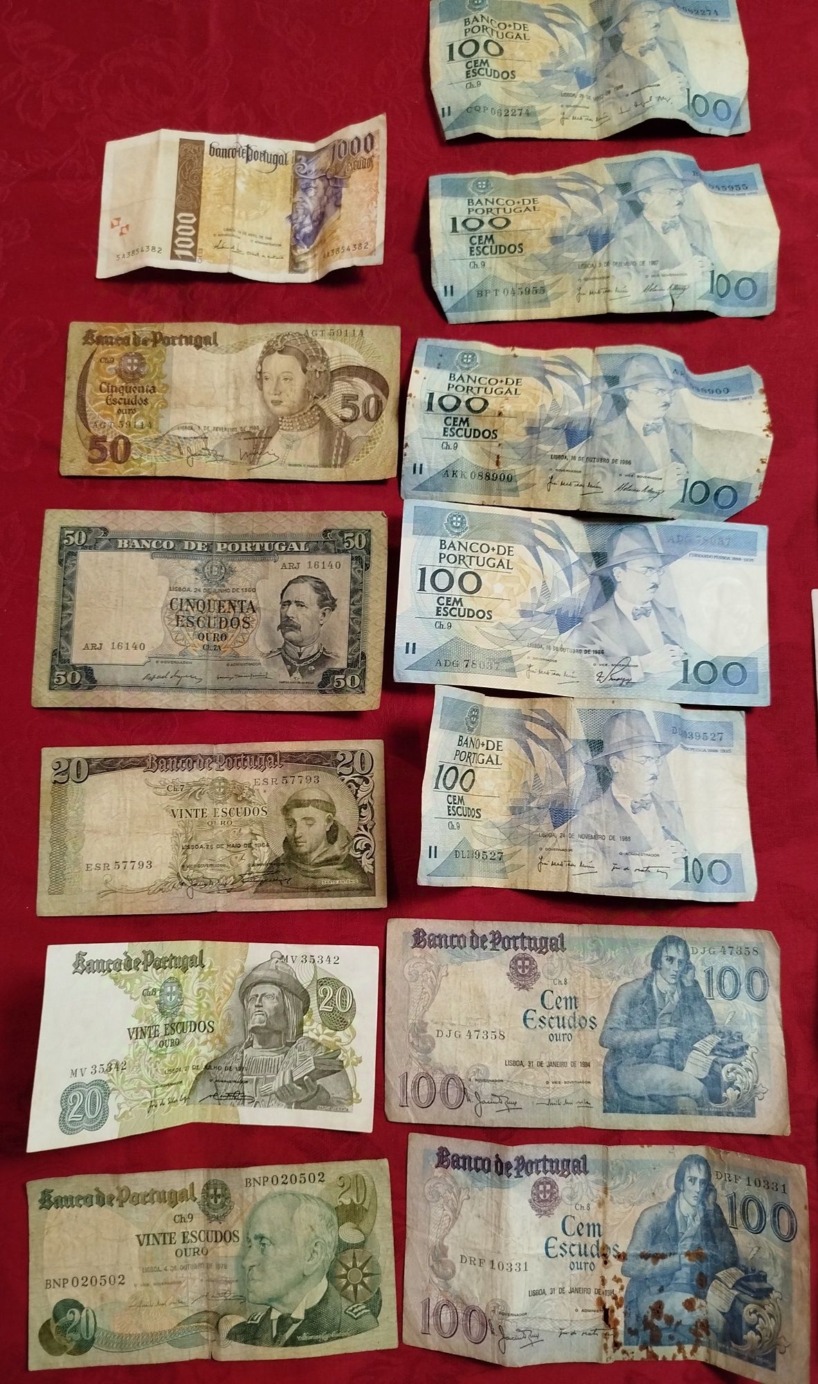 Notas antigas 20, 50, 100 e 1000 escudos