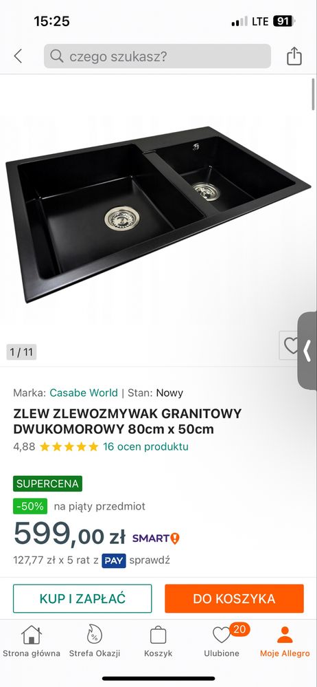Sprzedam nowy zlew granitowy w kolorze czarnym 80 x 50 cm