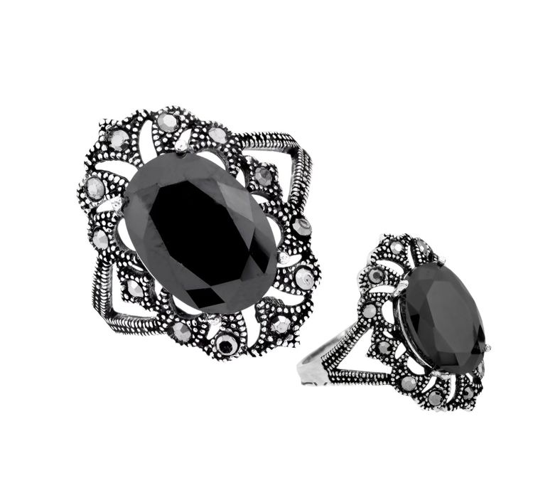 Pierścionek srebrny 925 z czarnym onyksem ażurem i markazytami r 21