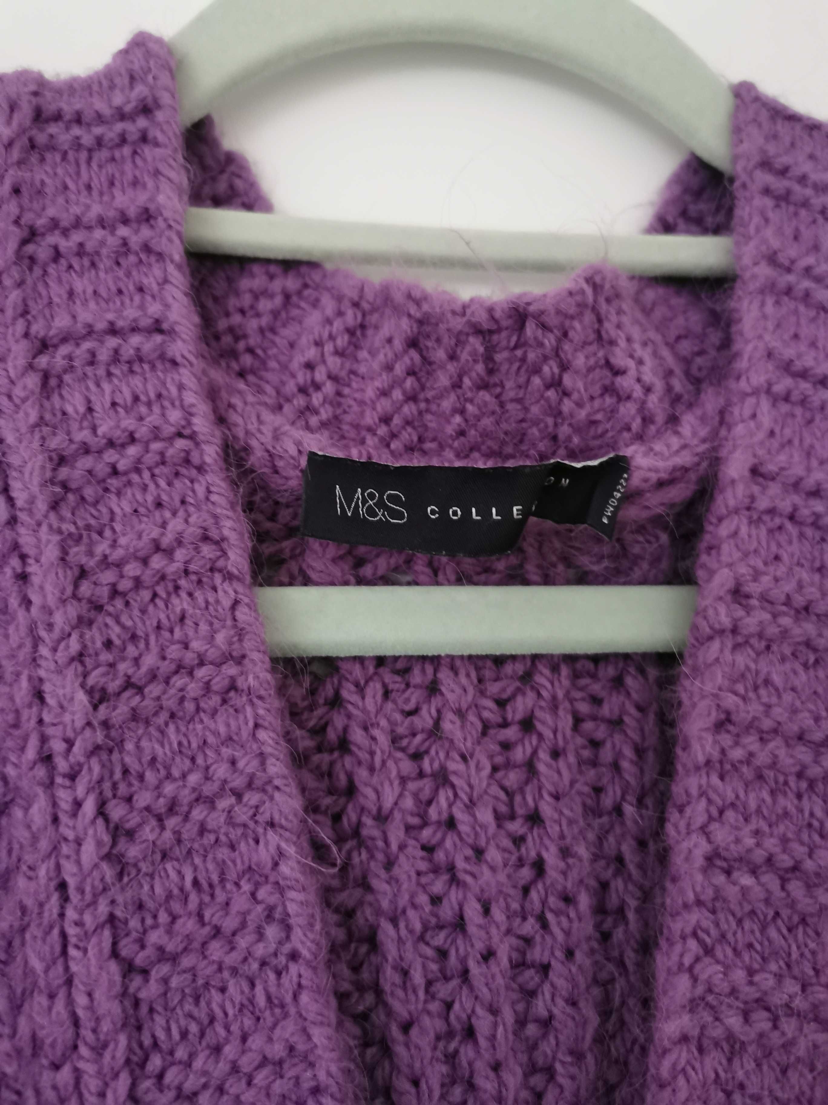 Fioletowy sweter kardigan ciepły zimowy narzutka M 38 40 Marks&Spencer