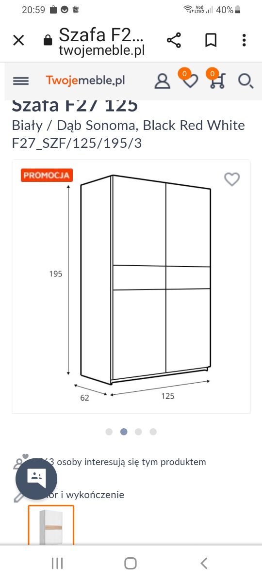 Szafa przesuwna   128dl, szer 62 cm ,wys 200 cm