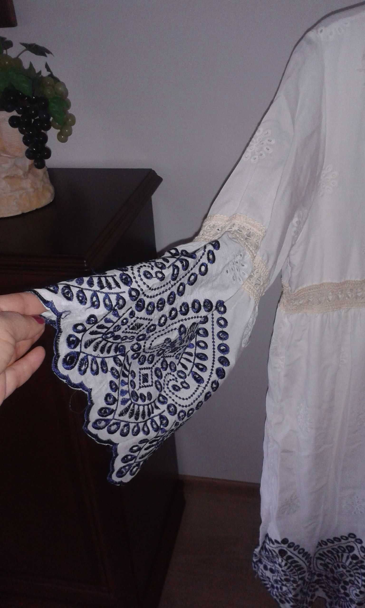 Nowa M/L 40/42 sukienka ciążowa haftowana biało-granatowa bawełna