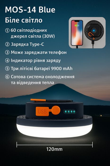 Акамуляторна лампа  для дому, на природу, для ремонту авто,  Mos 14