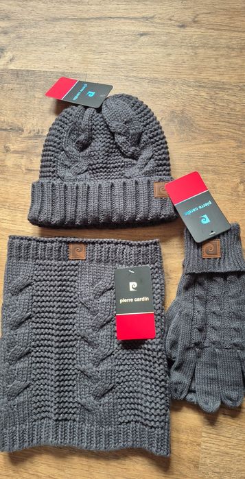 Pierre Cardin szalik czapka rękawiczki set szary na zimę nowy