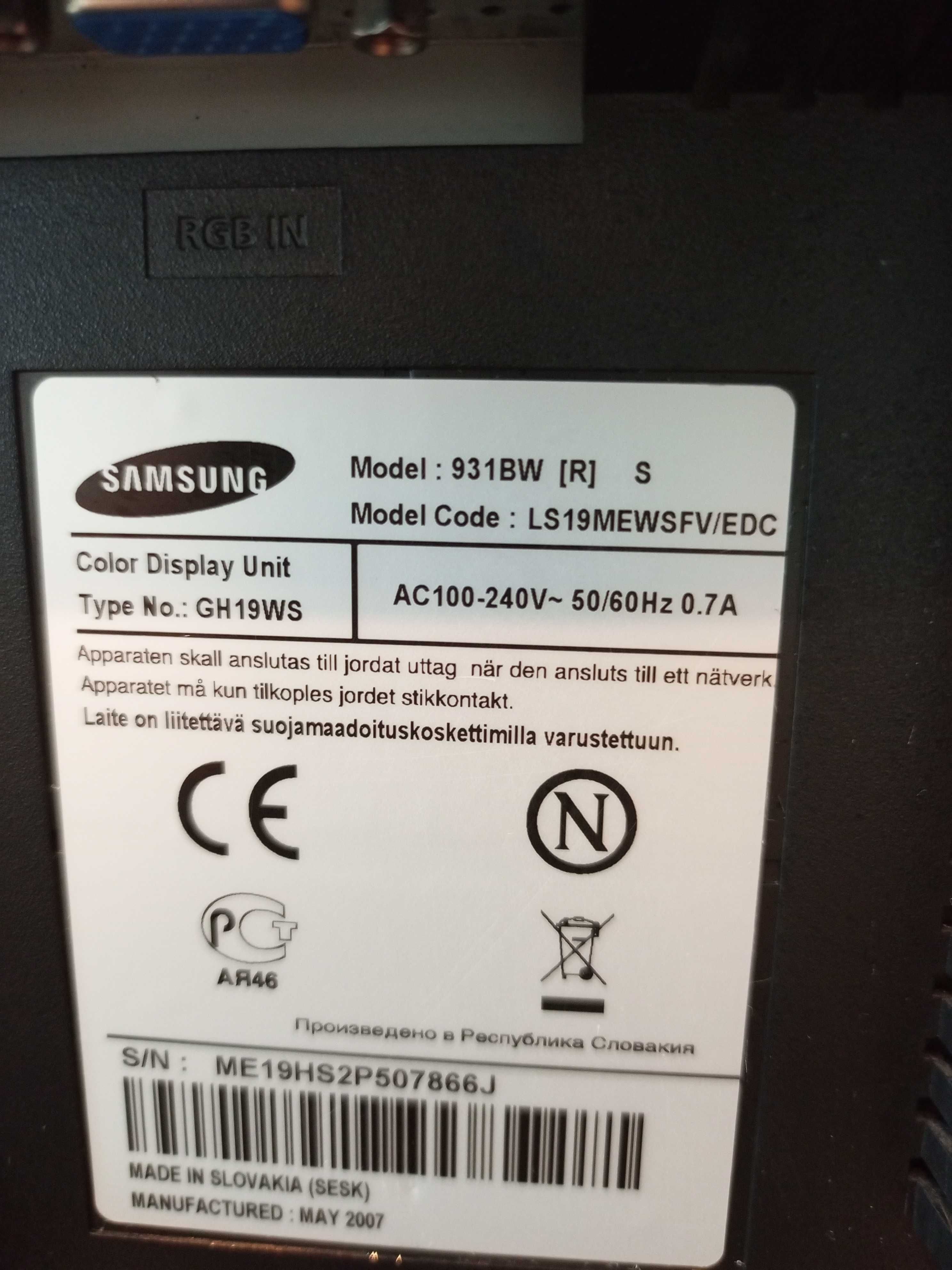 Monitor Samsung SyncMaster 931BW 19" LCD