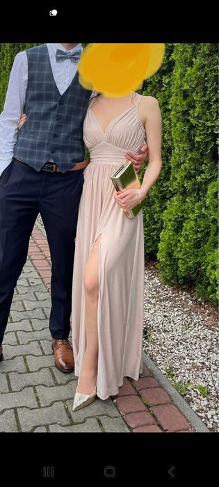 Sukienka wesele Xs 158 cm beż wieczorowa długa brokat